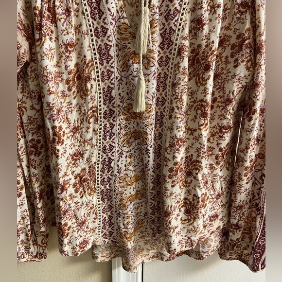 Lucky Brand pop over blouse boho floral peasant linen blend Medium - Picture 5 of 10